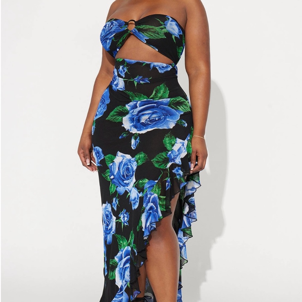 Fashion Nova Blue Asymmetrical Strapless Bodycon Dress